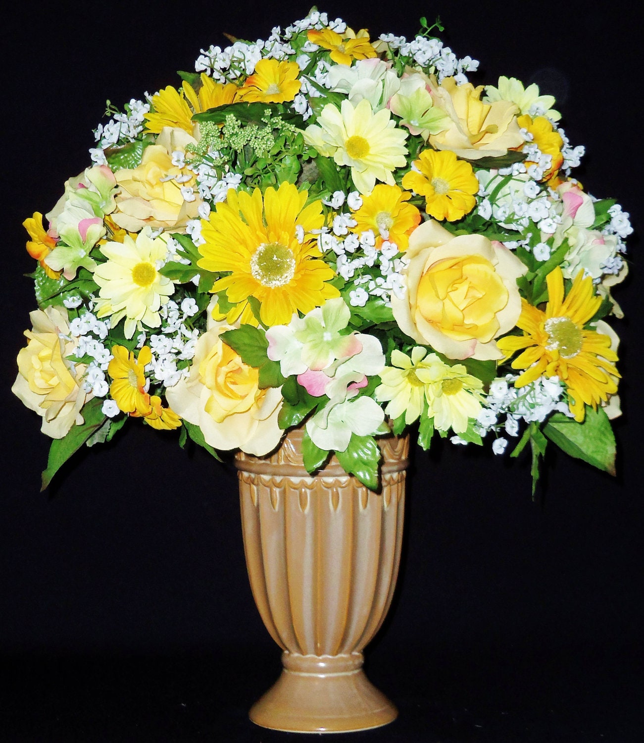 Silk Flower Arrangement Yellow/Gold Roses Yellow Gerbera