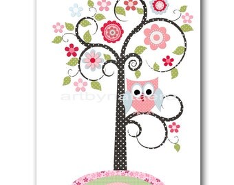 Tree Owl Pink Green Kids Art for Children Baby Girl Wall Art Kids Wall Art Baby Room Decor Baby Nursery Decor Baby Girl Nursery Print