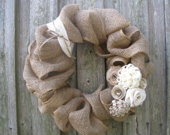 Winter White Rosettes & Burlap Wreath - 15"