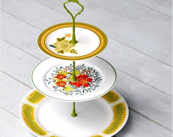 Tiki: Cake Stand, 3 Tier Cake Stand, Cupcake Stand, Pastry Stand, Retro Vintage China Stand