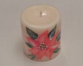 Christmas hand painted red poinsettia vanilla scented candle; holiday white shabby chic pillar candle; OOAK gift candle