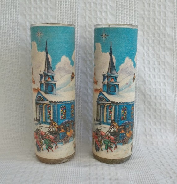 Vintage frosted glitter pillar candle with winter church