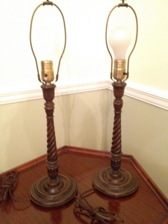 Vintage Wood Candlestick Table Lamps PAIR Twisted Wooden