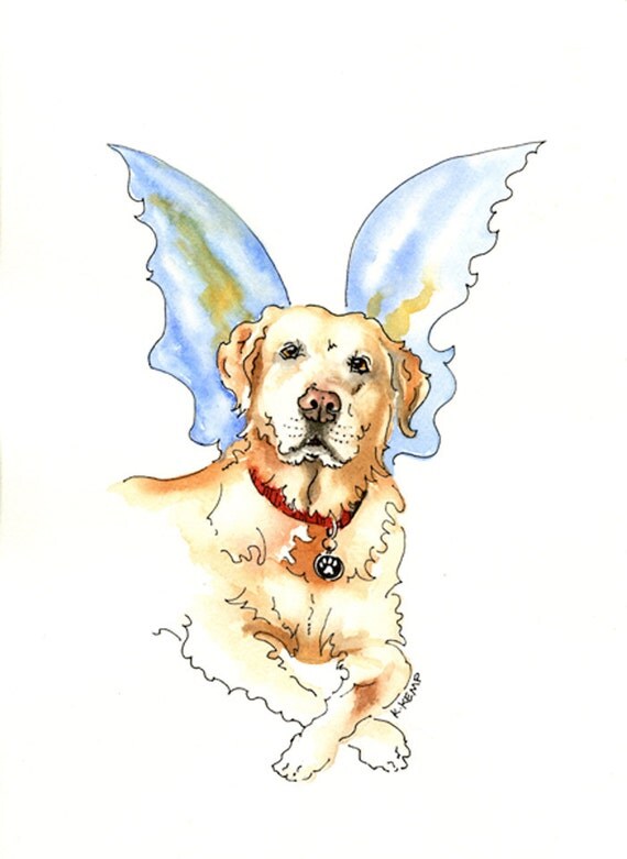 Oliver Yellow Lab with Angel Wings original illustration in