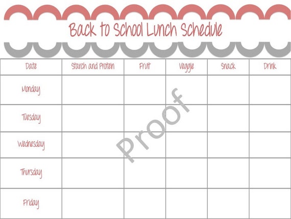 Items similar to Back to School Lunch Schedule: Printable PDF ...