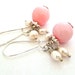 pink earrings hollow blown glass silver dangle drop freshwater pearls wire wrapped FREE SHIPPING