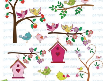 Bird clipart, Valentine bird clip art, Birdhouse, branch, flowers, trees, scrapbooking, card, personal & commercial, CLS-0122
