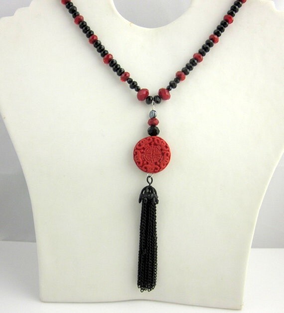 Red and Black Crystal Necklace Beaded Necklace Pendant