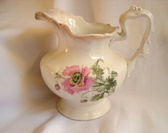 Vintage Shabby Pitcher Anchor Pottery Pink Poppies Semi-Porcelain Rare 1908 Antique Vintage Water Pitcher