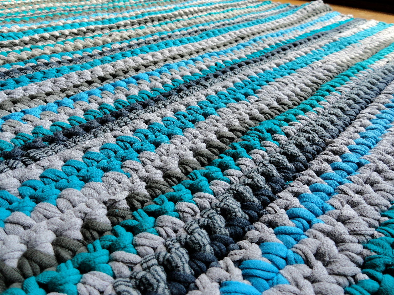 Gray and Blue Recycled Tshirt Rag Rug Cotton and