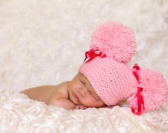 Double Fluff Baby Hats-Double POMPOM Newborn Hat -Newborn Baby Beanie-Newborn baby hat- Knit hat-Baby girl hat