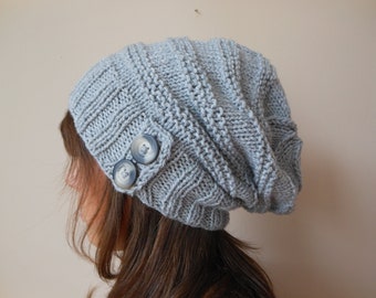 Hand Knit Slouchy Beanie Hat Acrylic Grey Color with Buttons