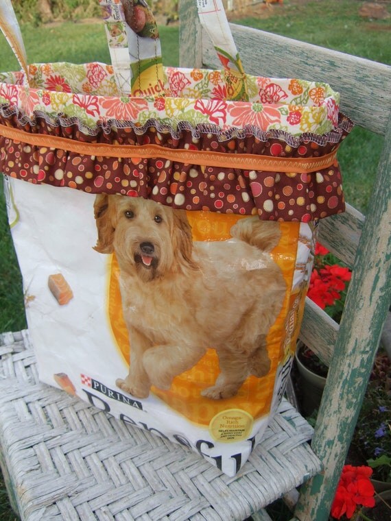 Upcycled Dog Food Bag Tote Bag orange and brown