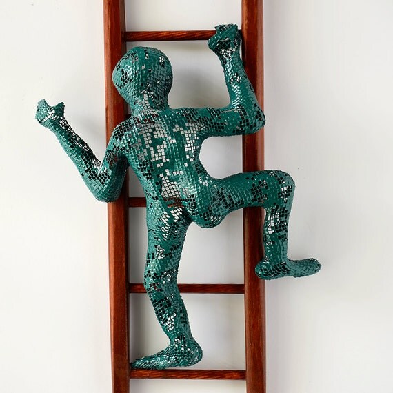 Metal wall art Climbing man sculpture on wood ladder wire