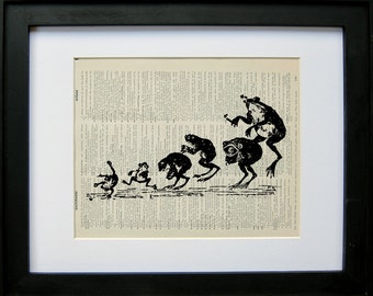 Leaping frogs printed on a page from an antique dictionary