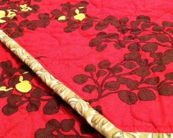 Quilted Table Runner, dark cherry with brown and green Anna Maria Horner Garden Party