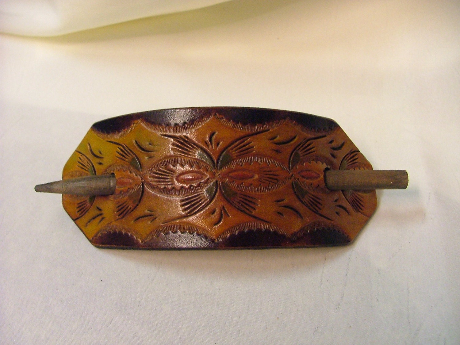 Hand tooled Leather Ponytail Barrette No. BT 1053 by ahbelts