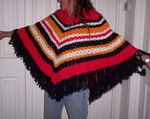 Vintage hand crocheted poncho,thick yarn,red,black,yellow & white,warm,multicolored stripes