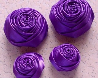 4 Handmade Rolled Roses (2 inches,1-1/4 inch) in Deiphinium MY-060-87 Ready To Ship