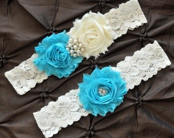 Wedding Garter, Bridal Garter Set, Something Blue Garter - Ivory Lace Garter, Keepsake Garter, Toss Garter, Shabby Chiffon Ivory Aqua Garter