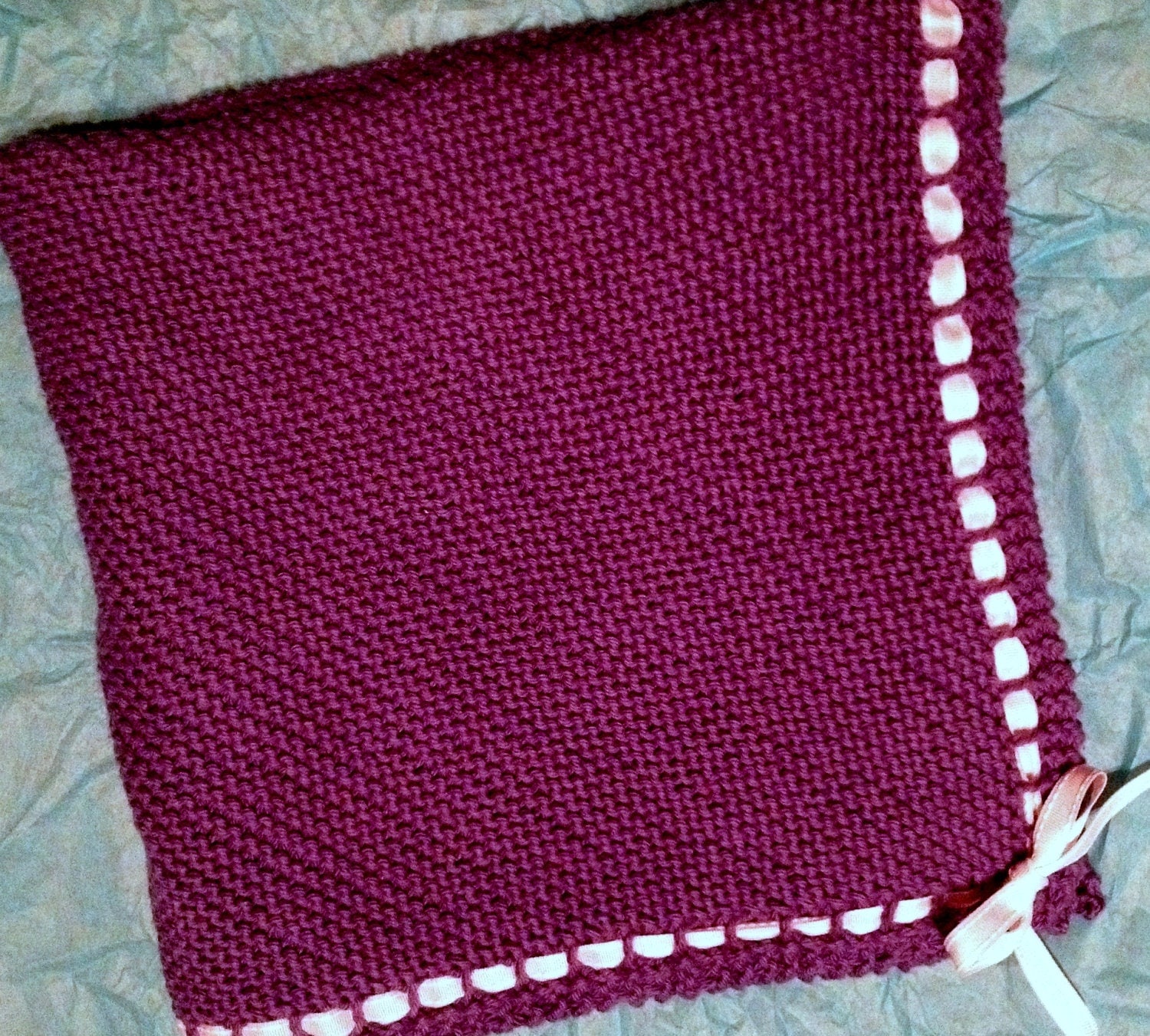 Knit Cotton Baby Blanket With Ribbon