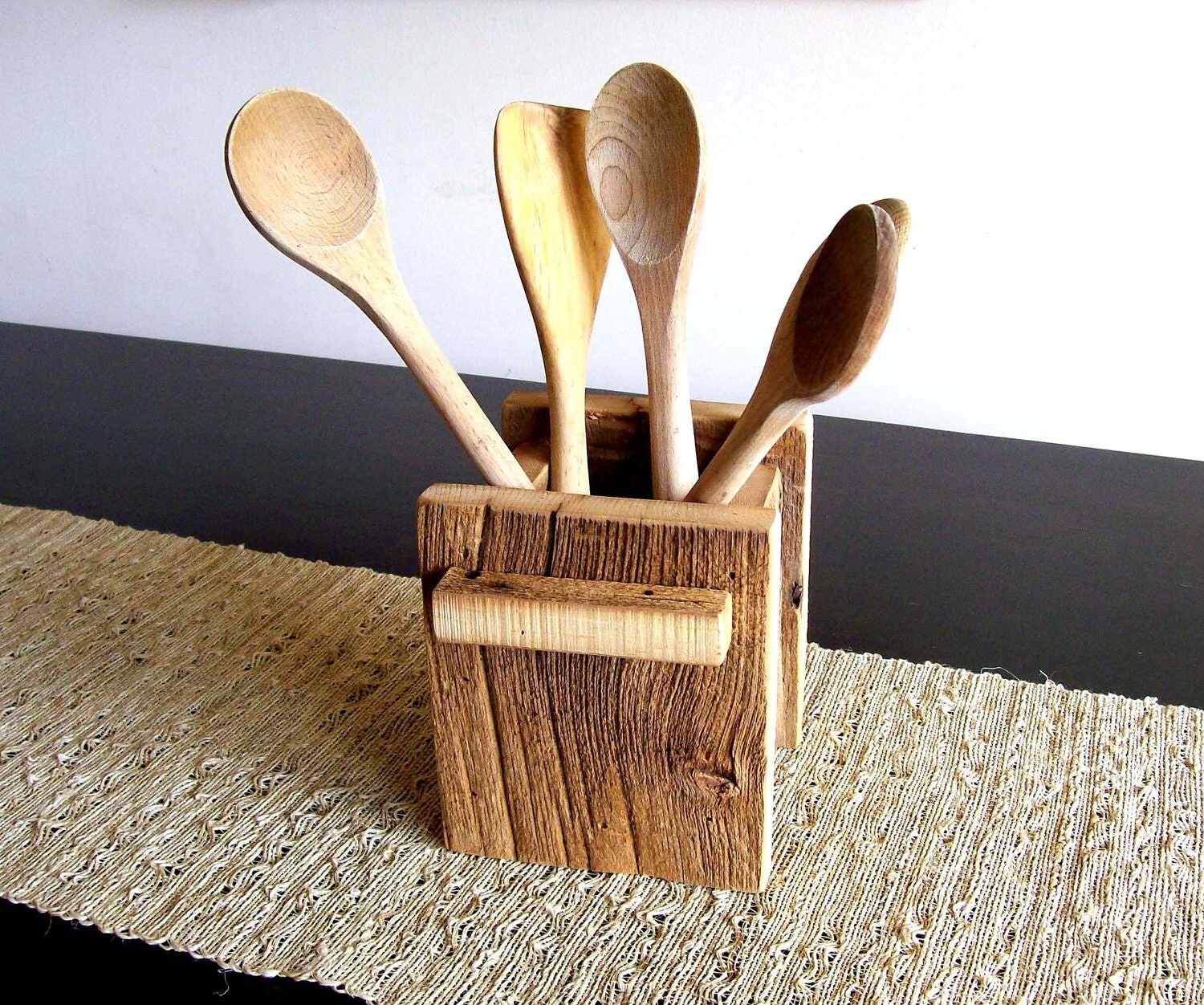 wooden utensil set with holder