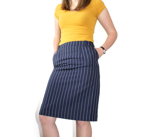 Navy Pencil Skirt with Yellow Pinstripe