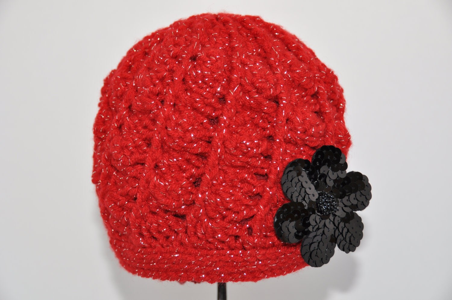 Red Crochet Hat or Beanie for Toddler with black sequin