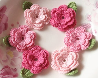 6 Crochet Flowers With Leaves In Lt pink, Pink, Bubblegum Pink Pink YH-014-08