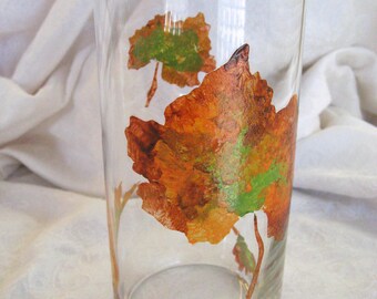Fall Leaves Vase - Painted textured leaves on glass vase for autumn thanksgiving decor