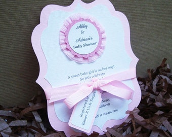 Handmade Pink & White Rosette Invitation for Baby Girl Shower