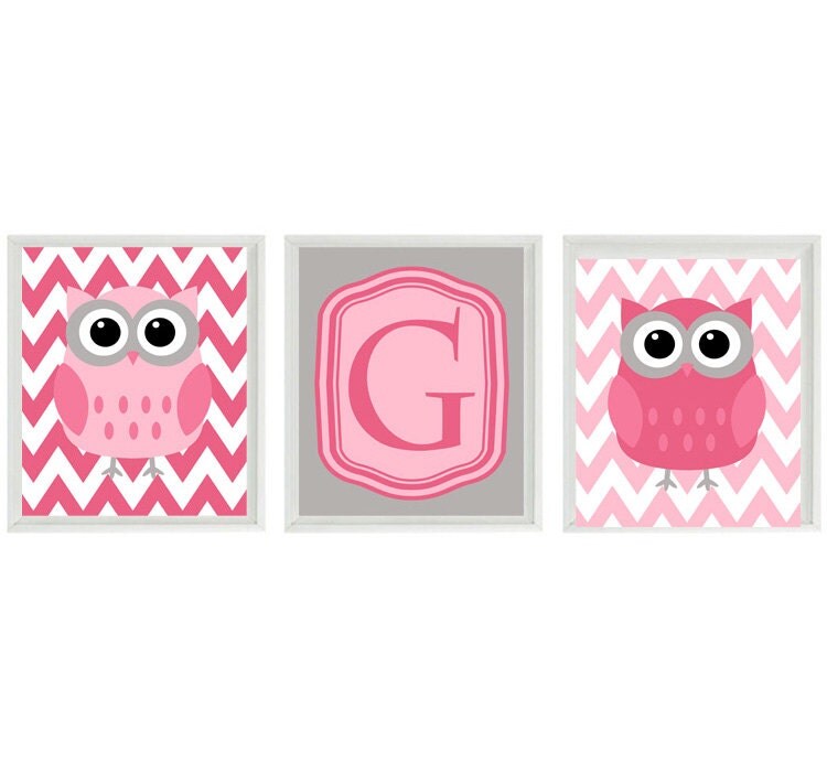 Owl Nursery Wall Art Print Chevron Pink Gray by RizzleandRugee