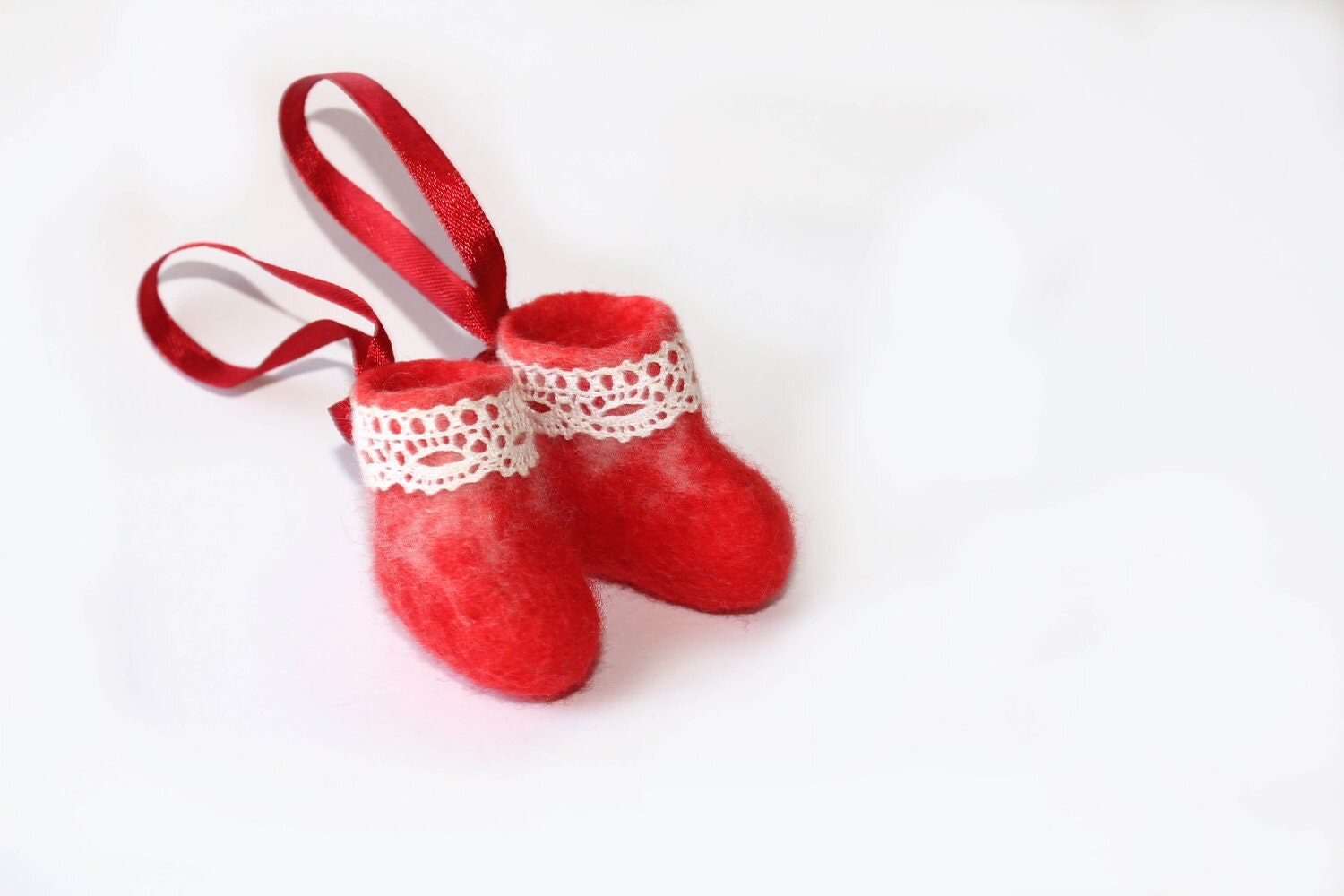 Red hand felted wool mini Christmas stocking - Set of 2 felted booties - Christmas Decorating - Christmas Tree ornaments - under 15