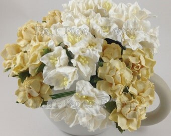 30 White Lily and Cream Roses Mulberry Paper Flowers Scrapbook Craft Wedding Supply Card Making 147-RLYL15