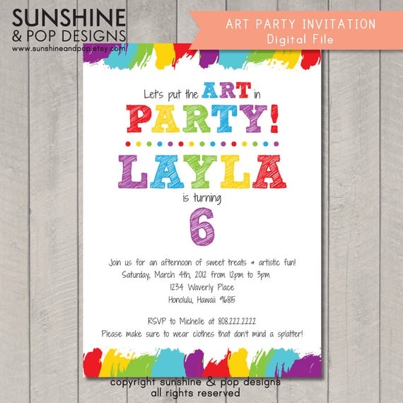 Printable Art Party Invitation - Birthday DIY Rainbow Paint Party Invite - DIY paint arts crafts colorful invitation child children Il_570xn
