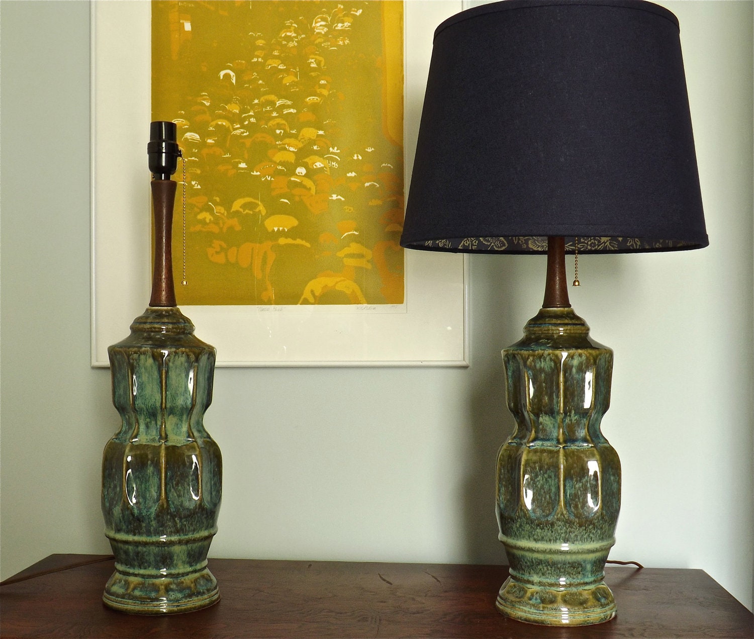 Pair of Glazed Ceramic and Teak Lamps Olive Blue by LuxeLuminosity