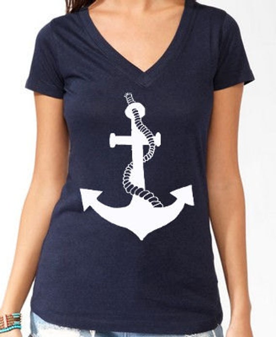 Women's Anchor V Neck T Shirt Top Nautical