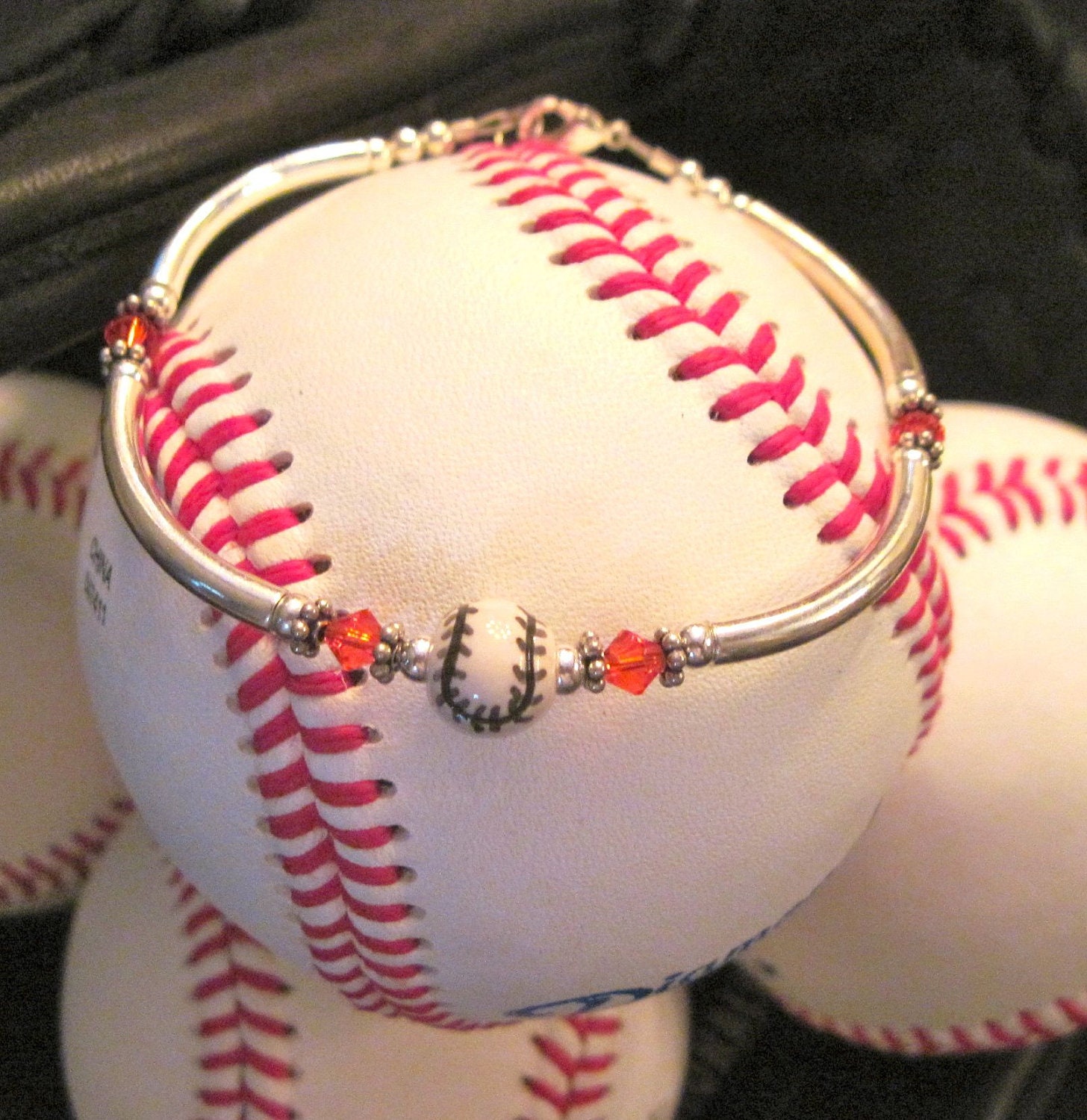 Baseball Bracelet with Orange Swarovski Crystals