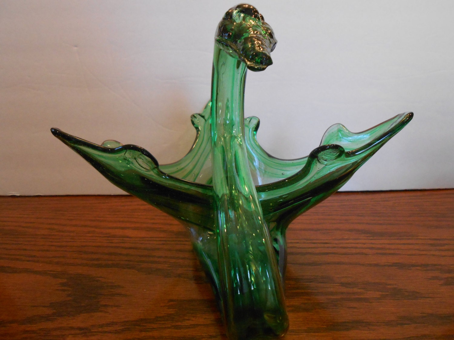 Murano Green Swirl Swan Hand Blown Glass Dish