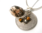 SALES! Sea Shell Charm Jewel, amber crystal pendant, Vintage coin, Bohemian Chic 7/24