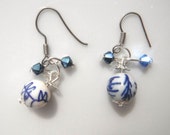 SALES! -50%! Earrings Crane Birds, White & Blue China Beads, Blue Swarovski Crystals