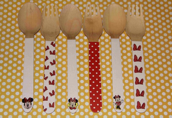 24 Wooden Forks or Spoons- Mickey or Minnie Mouse Il_570xn