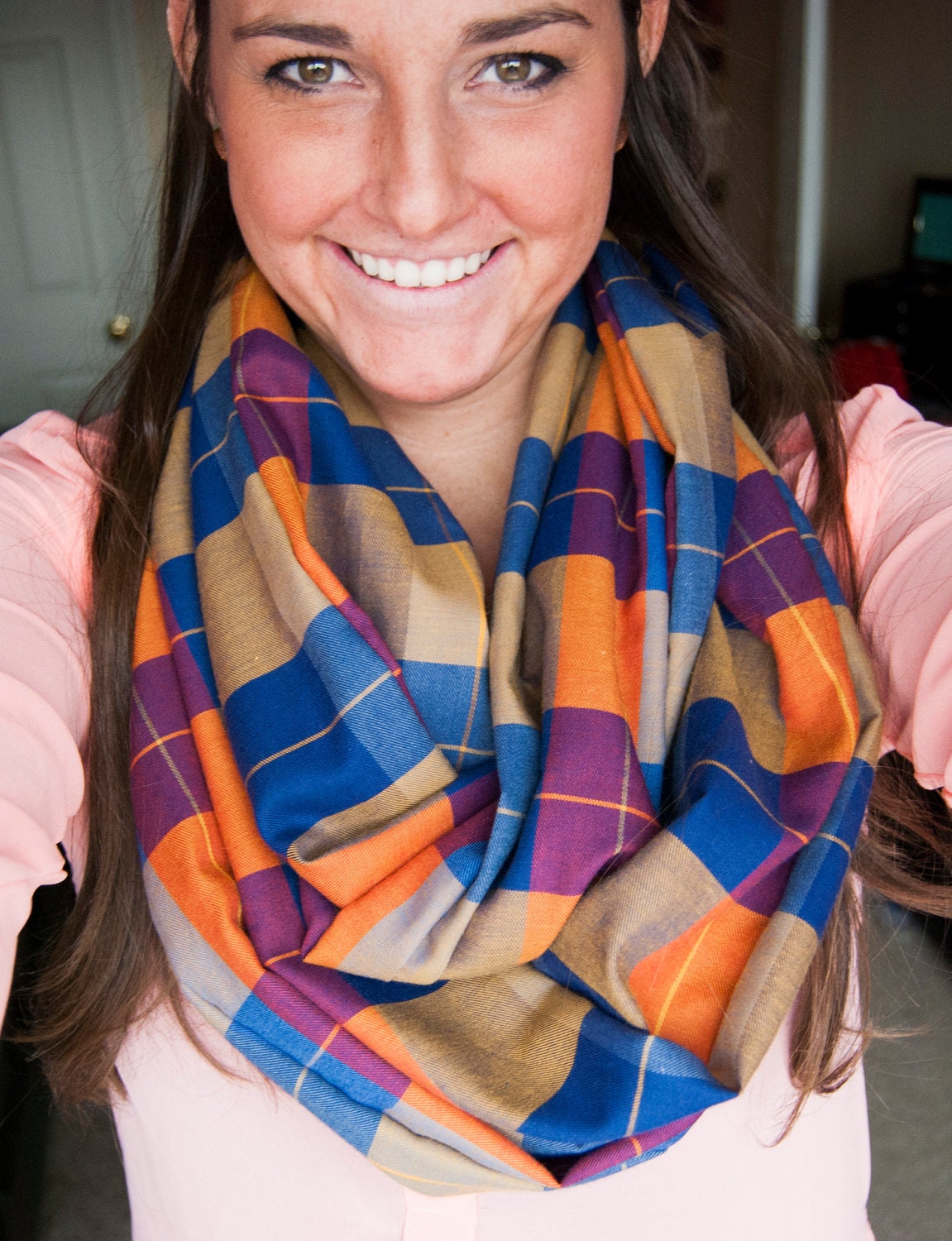 Beautiful Blue And Orange Plaid Infinity Scarf