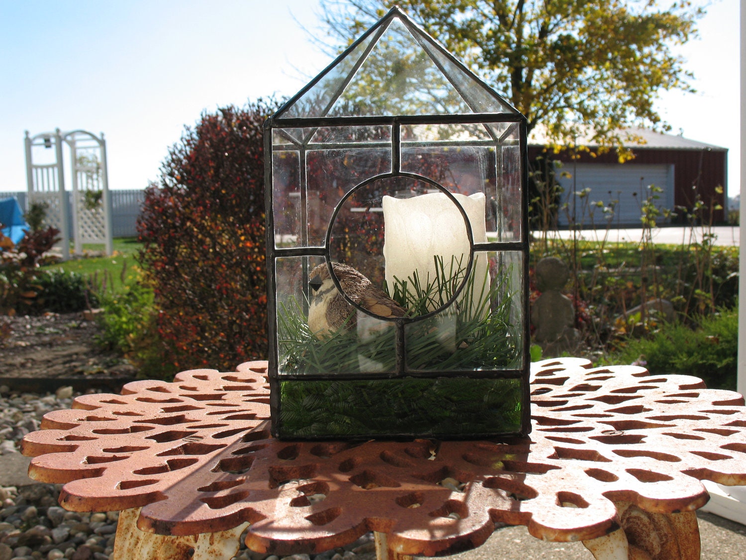 Vintage Stained Glass Terrarium with a pyramid shaped roof or