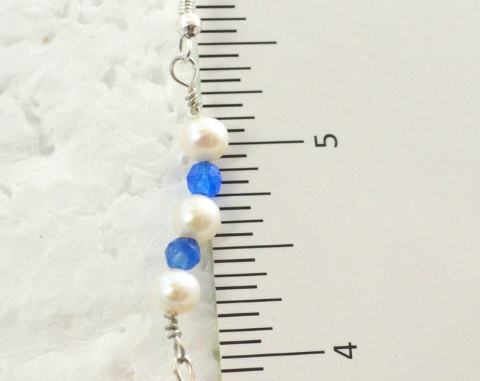 Ruby, Pearl and Sapphire Studs, 2.5" Long, Natural Gem Beads, Sterling Silver French Hooks E77