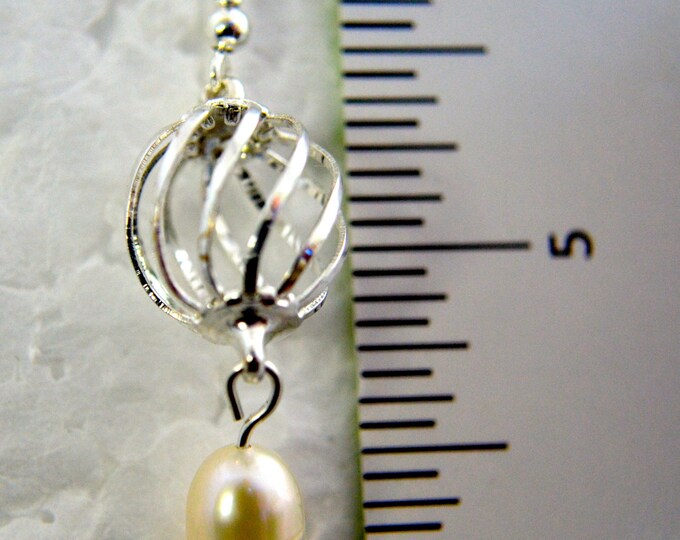 Pearl and Silver Bead Cage Earrings , Natural Akoya Pearls, Sterling, 1.5" Long E188