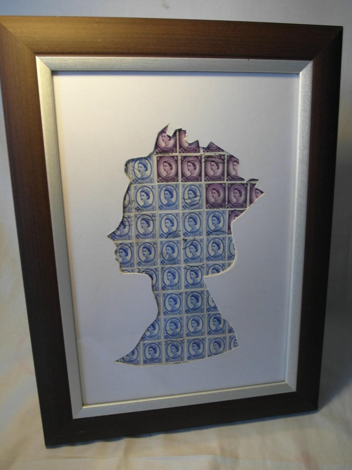 Queen Elizabeth 2 in Silhouette Postage Stamp Art. Framed