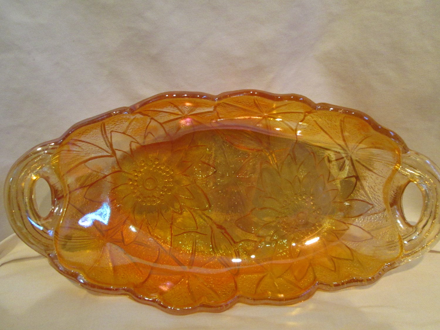 Irridescent Amber Carnival Glass candy or nut dish