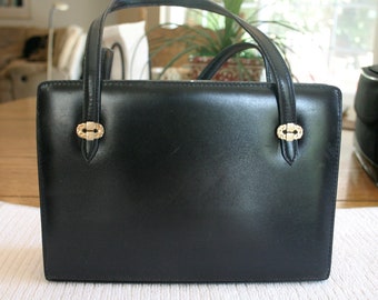 Items similar to Vintage Black Leather Lederer Handbag Made in France ...