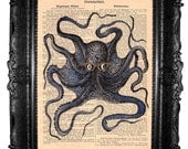 ORIGINAL ARTWORK  Blue octopus -Hand Painted Mixed Media Art Print  octopus print